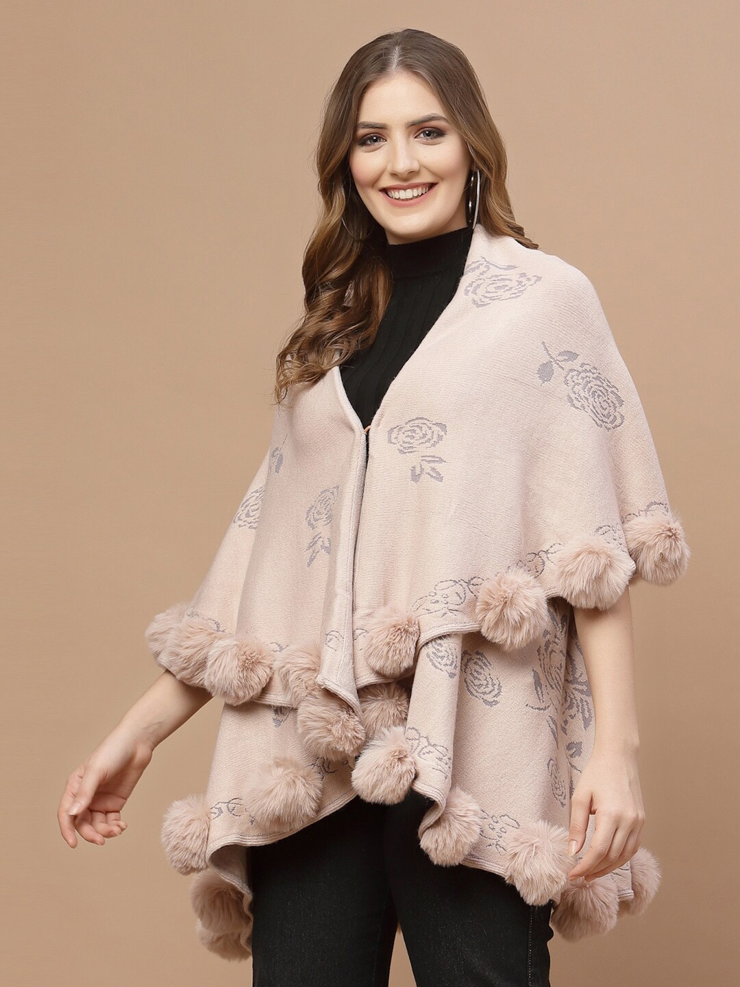 

Mafadeny Women Peach-Coloured & Grey Floral Poncho
