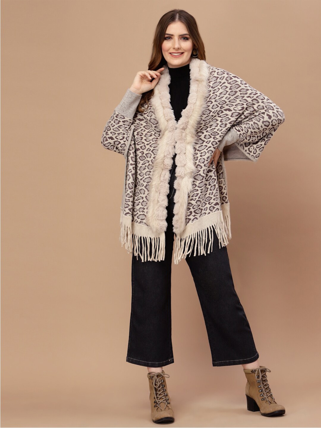 

Mafadeny Women Beige Animal Printed Poncho