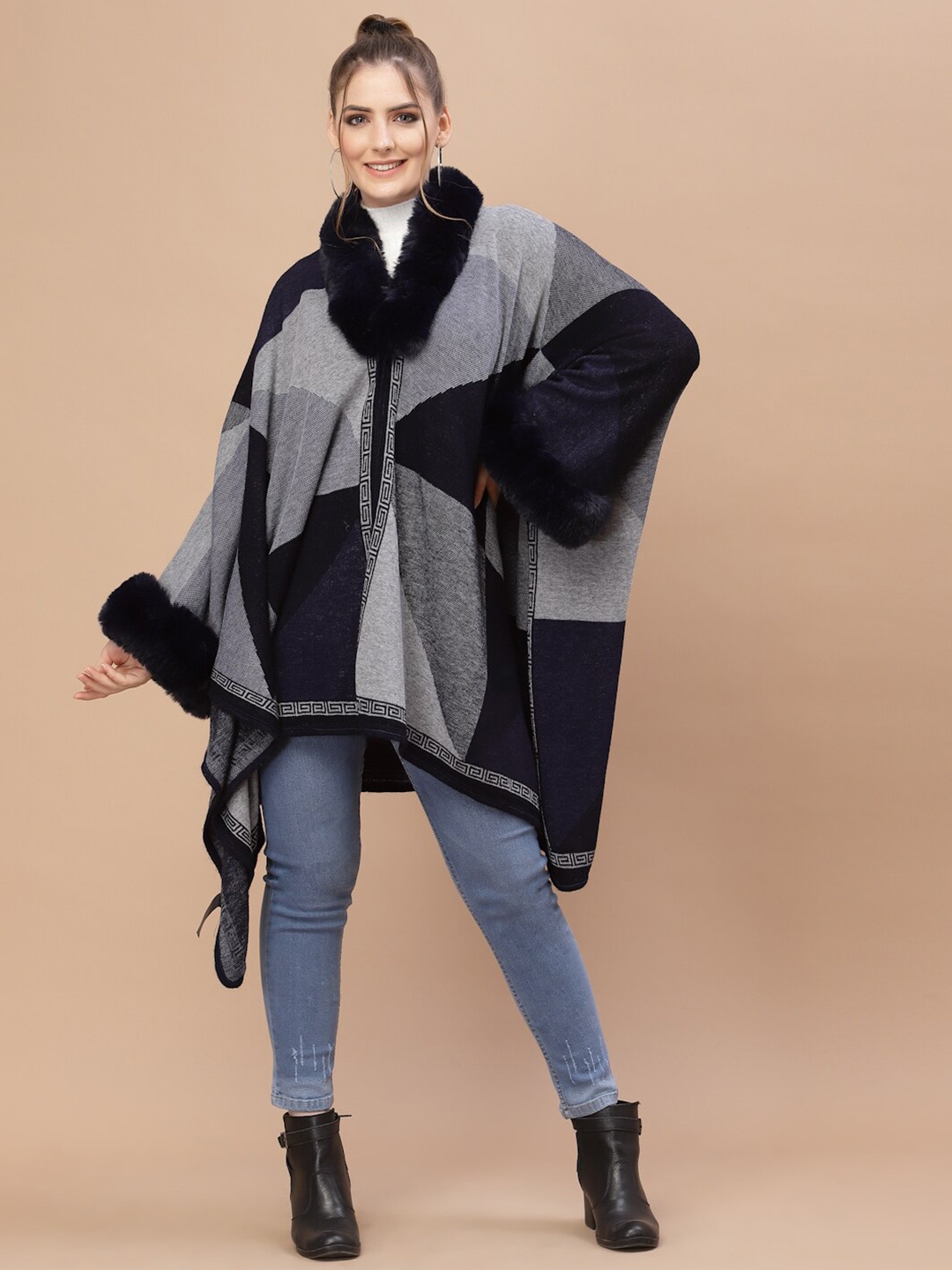 

Mafadeny Women Navy Blue & White Colourblocked Poncho