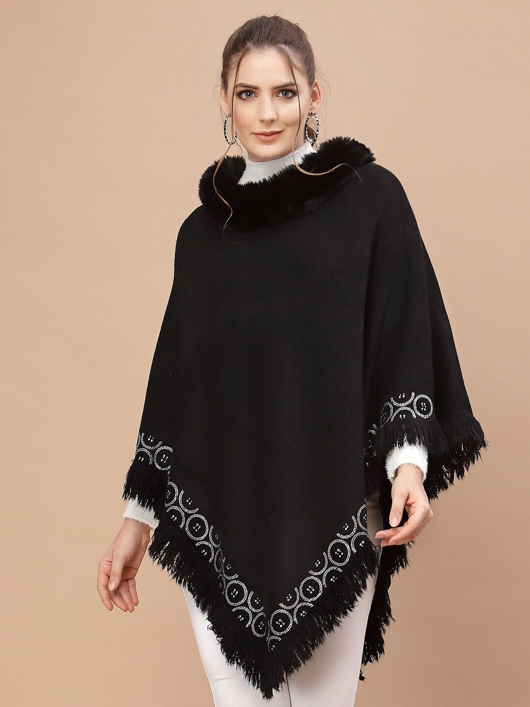 

Mafadeny Women Black & White Poncho with Fringed Detail Sweaters