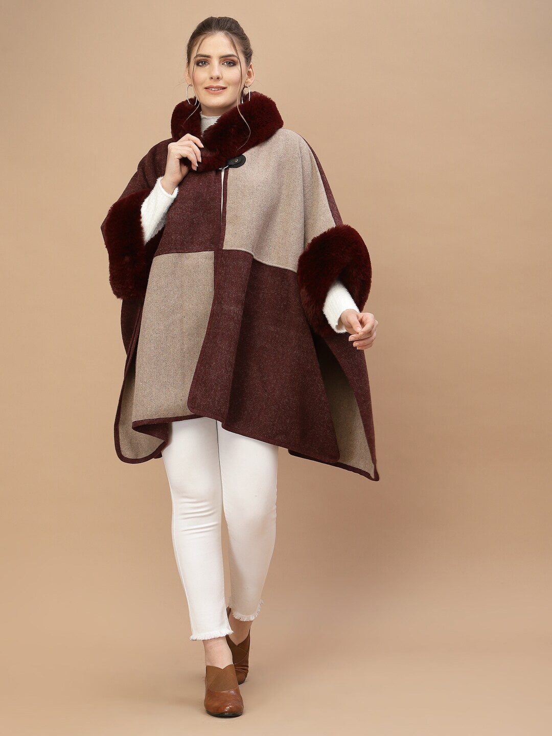 

Mafadeny Women Maroon & Beige Colourblocked Longline Poncho