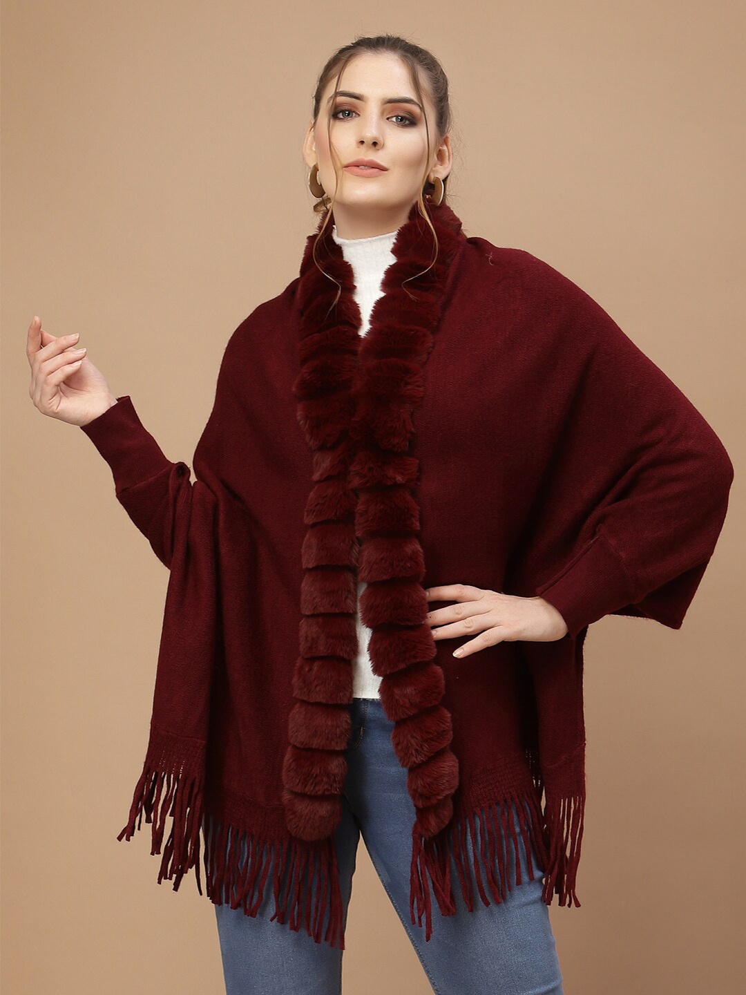 

Mafadeny Women Maroon Poncho