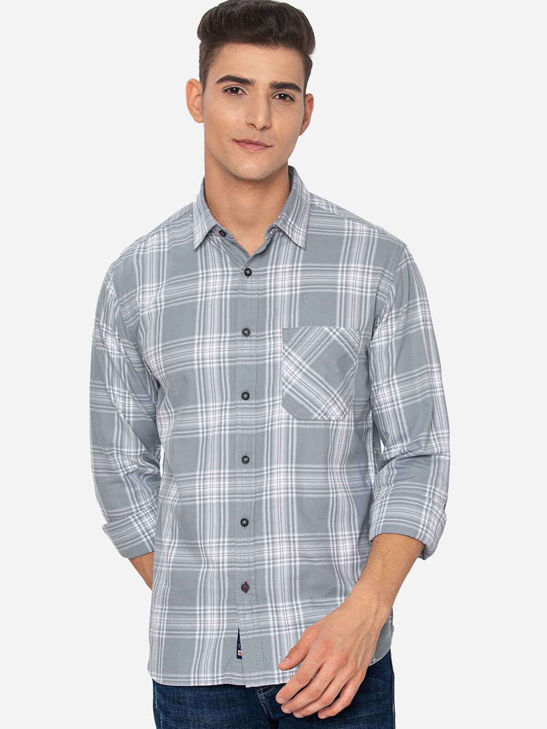 

Greenfibre Men Grey Slim Fit Checked Cotton Casual Shirt