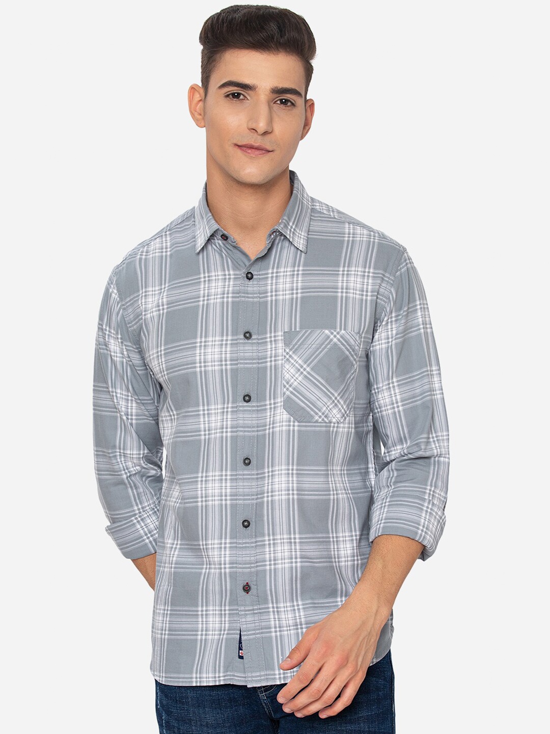 

Greenfibre Men Grey Slim Fit Checked Casual Cotton Shirt