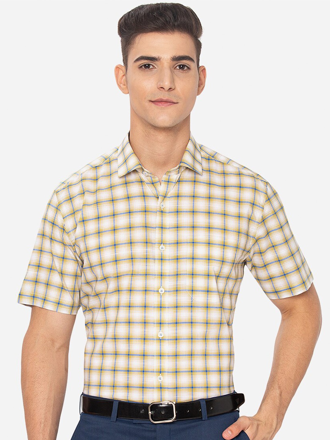 

JADE BLUE Men Yellow Gingham Checked Cotton Casual Shirt