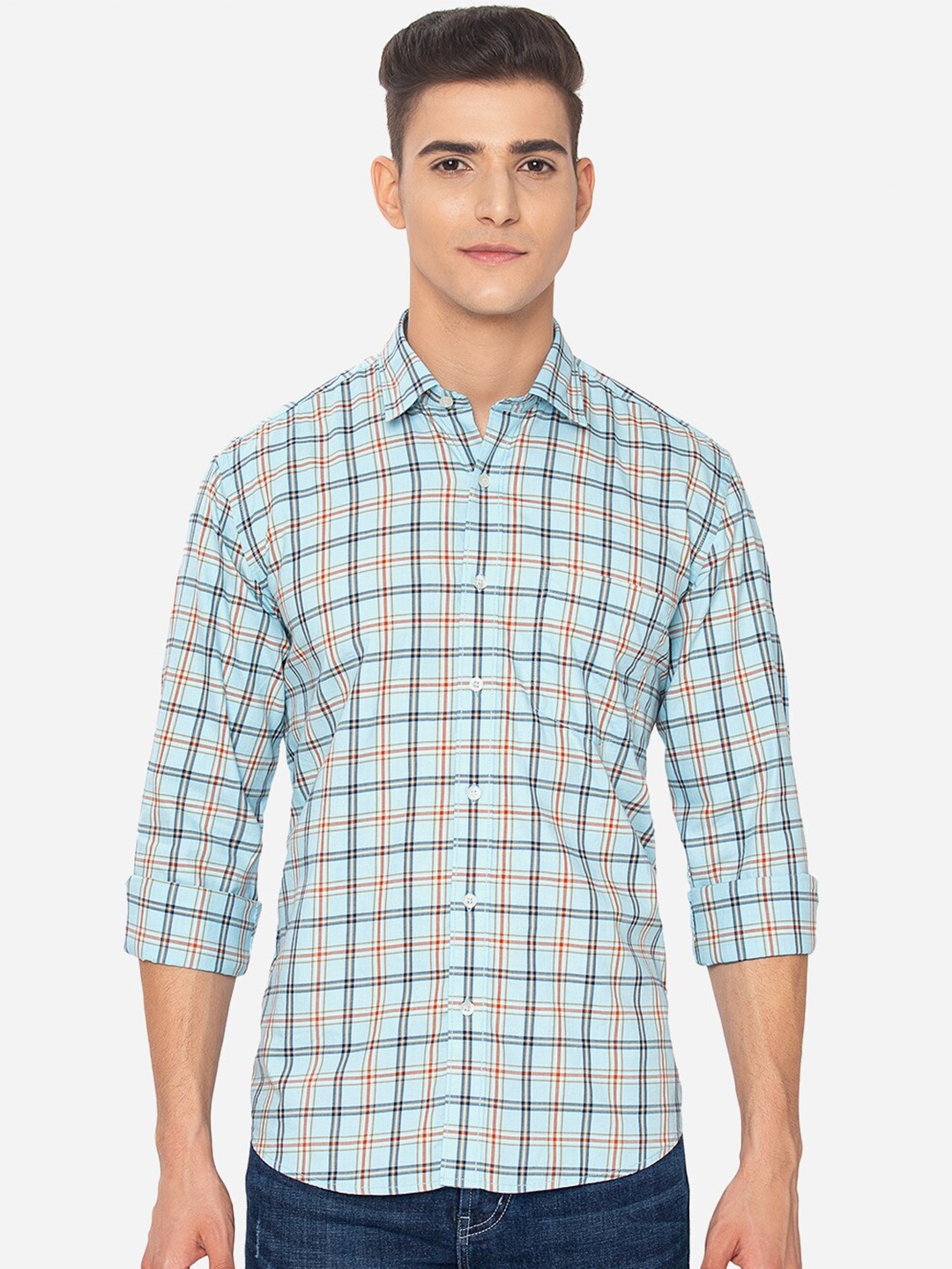 

JADE BLUE Men Blue Slim Fit Tartan Checked Casual Shirt