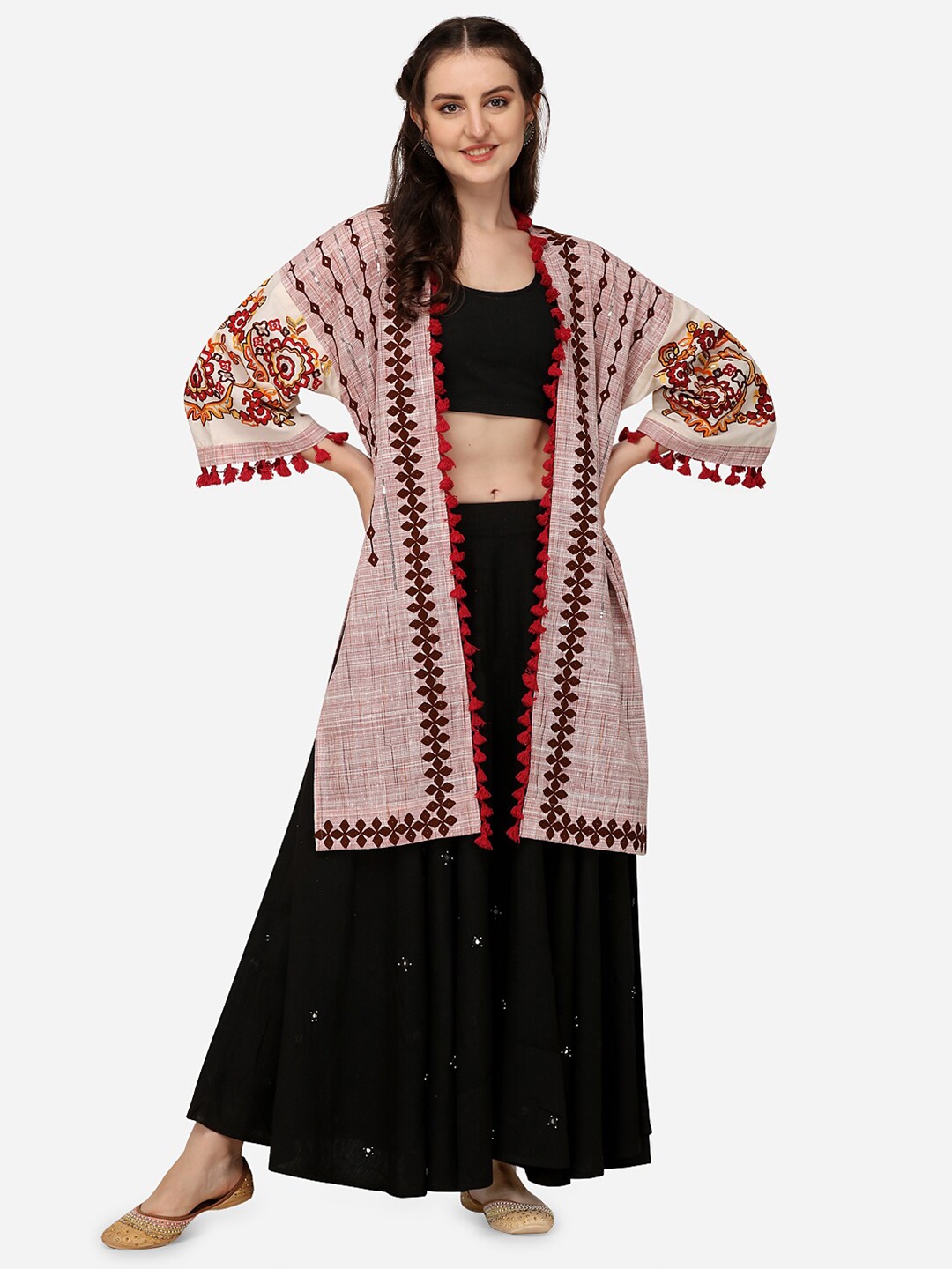 

MESMORA FASHION Women Purple & Red Printed Ethnic Tasselled Longline Shrug