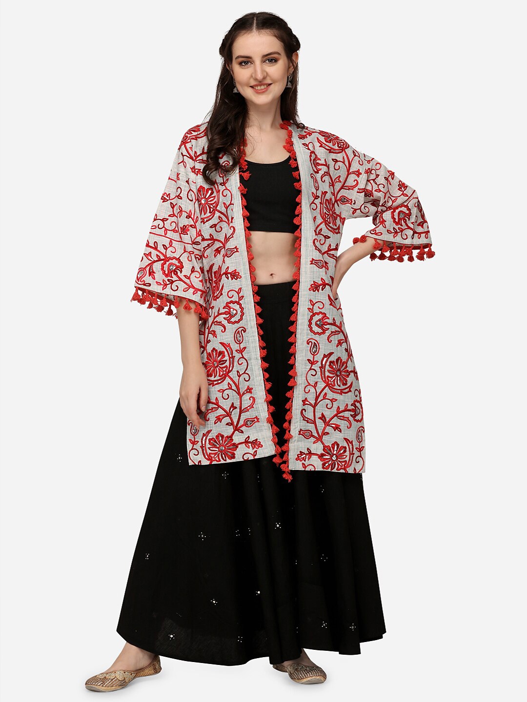 

MESMORA FASHION Women White & Red Printed Ethnic Longline Shrug