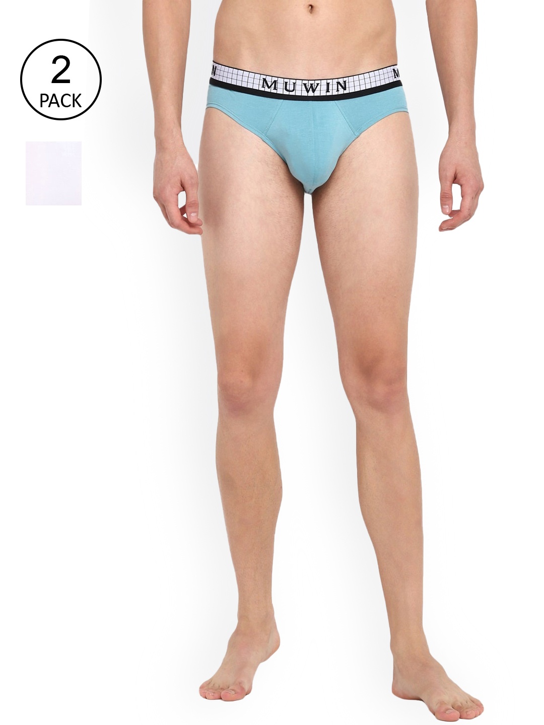 

MUWIN Men Pack Of 2 Teal Blue & White Checked Basic Briefs