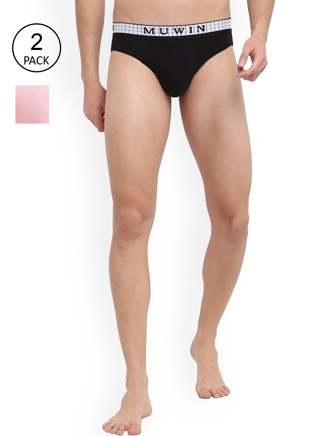 

MUWIN Men Pack Of 2 Black & Pink Solid Basic Briefs