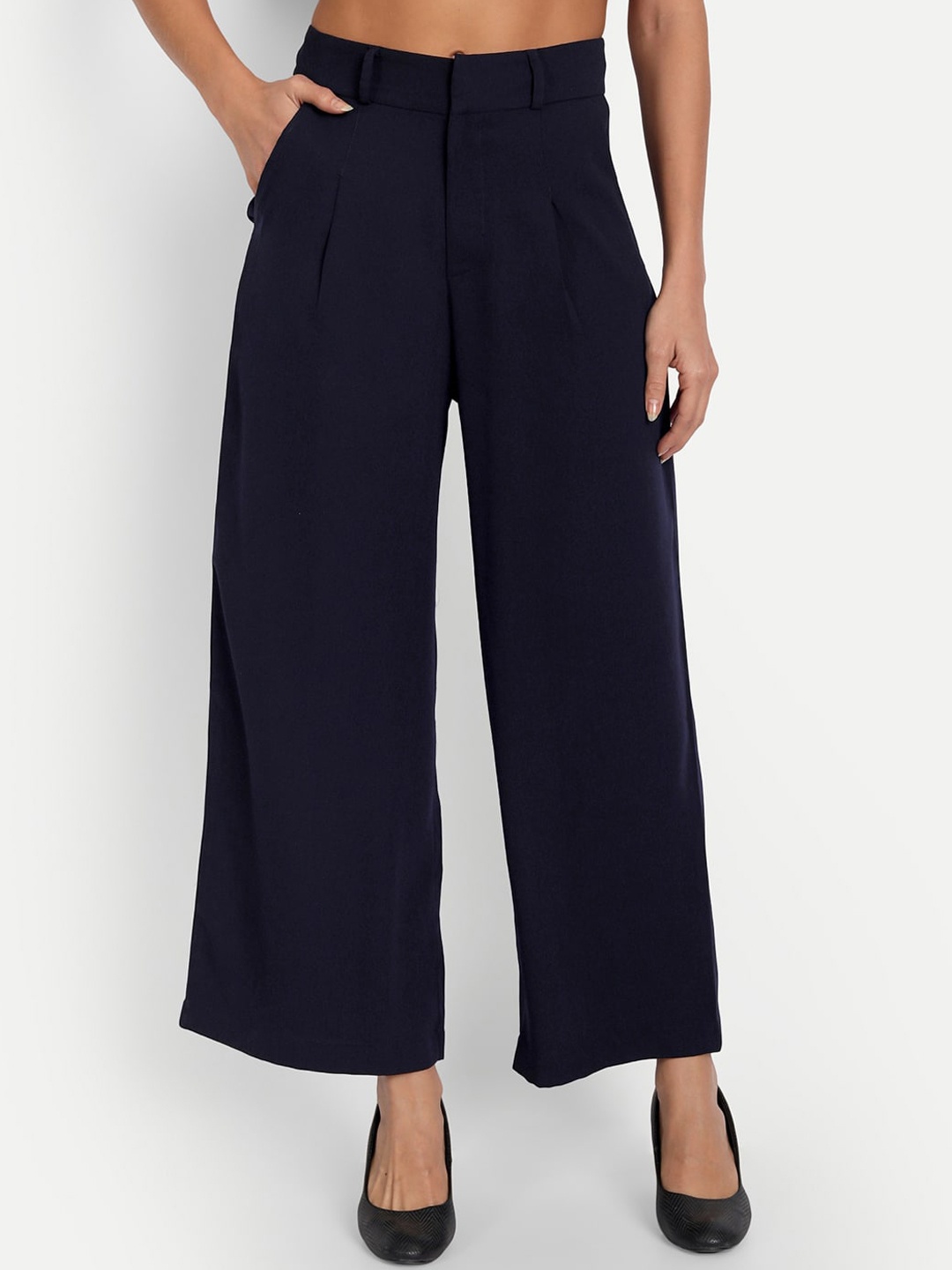 

ESSQUE Women Navy Blue Relaxed Flared Pleated Trousers