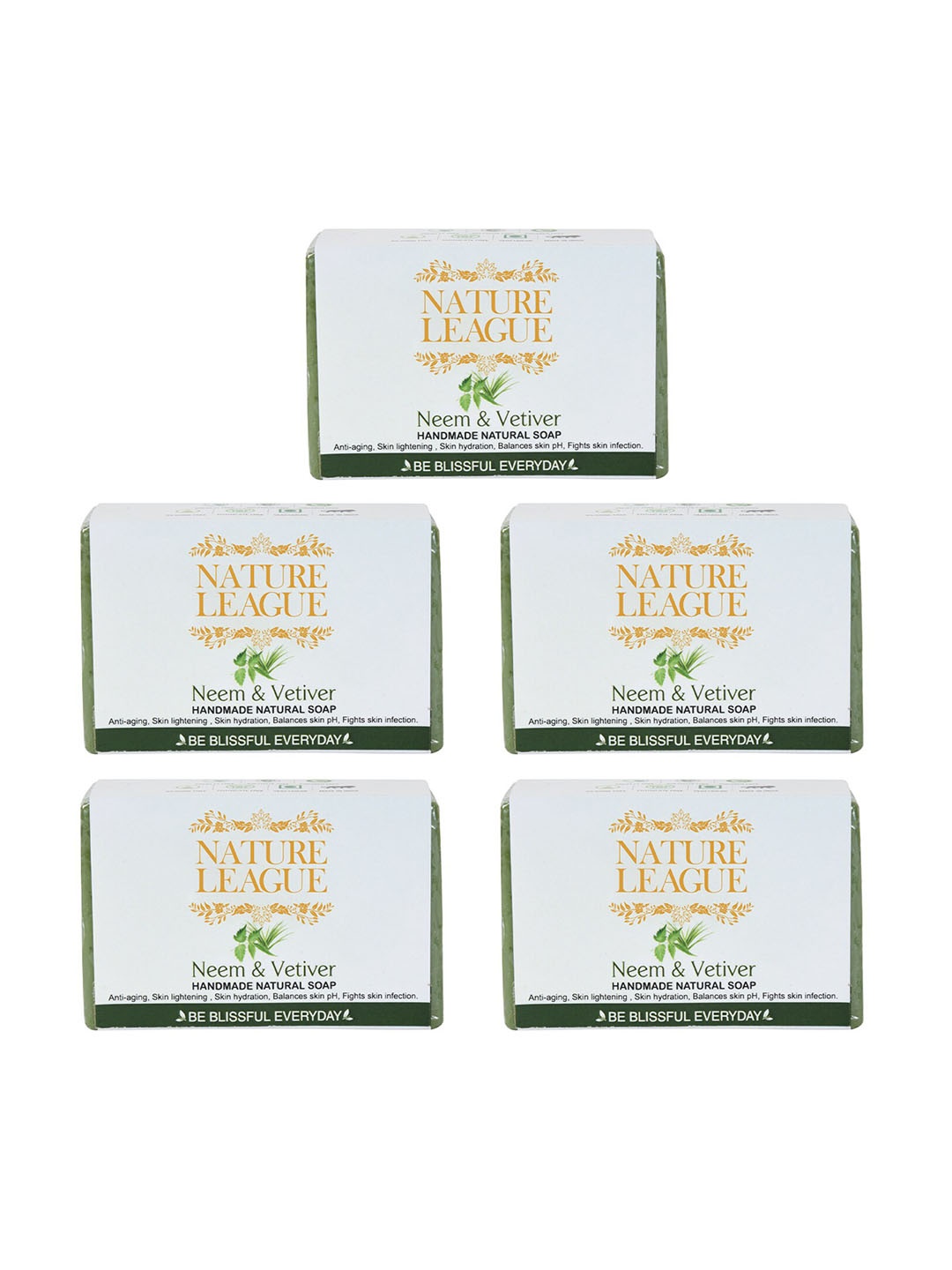 

NATURE LEAGUE Set Of 5 Anti-Aging Neem & Vetiver Handmade Natural Bar Soap - 100 g Each, White
