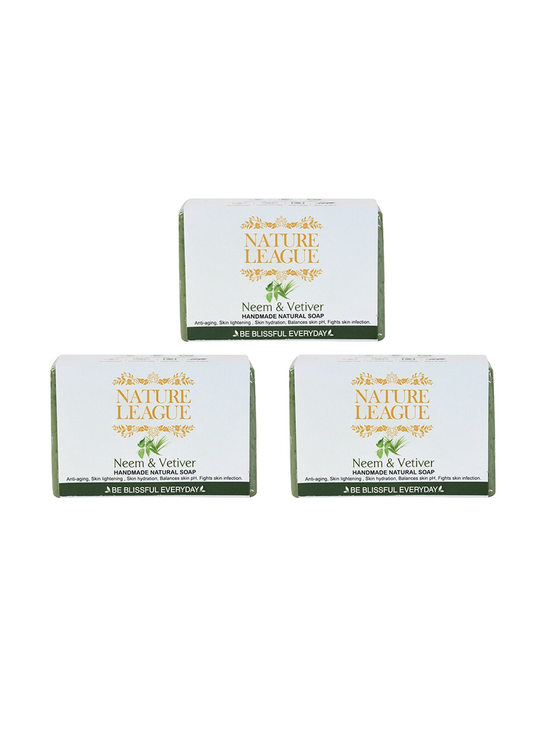 

NATURE LEAGUE Set Of 3 Anti-Aging Neem & Vetiver Handmade Natural Bar Soap - 100 g Each, White