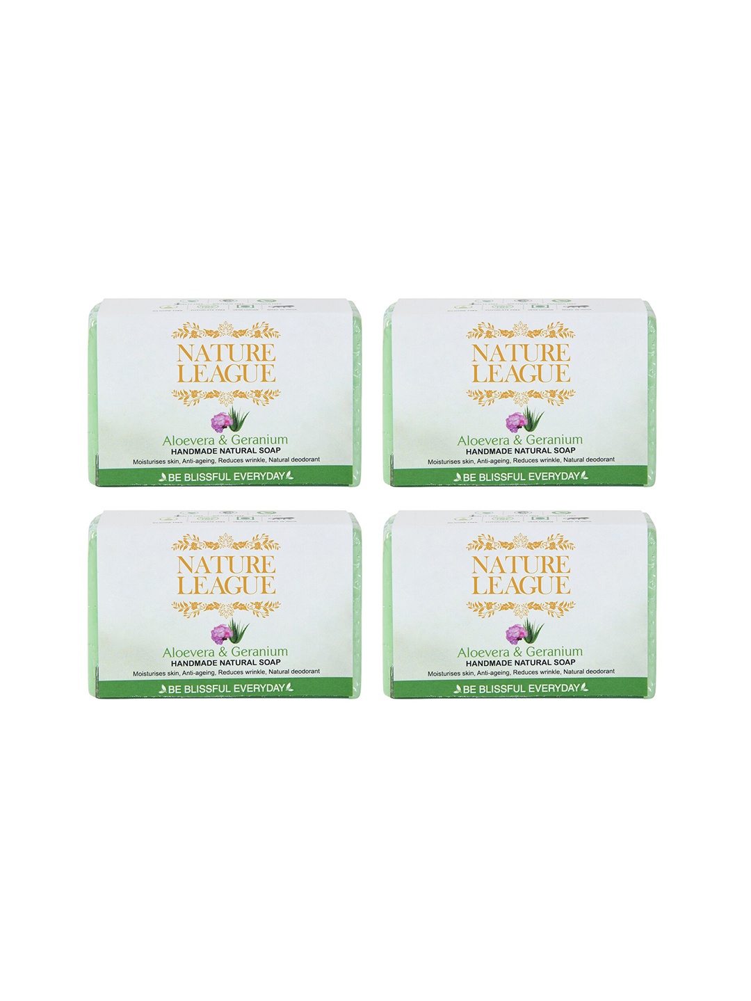 

NATURE LEAGUE Set of 4 Aloe Vera & Geranium Natural Soaps for Anti-Ageing - 100g each, Green