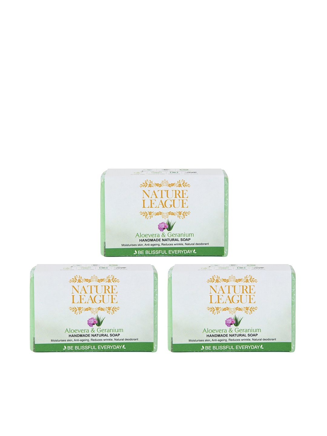 

NATURE LEAGUE Pack Of 3 Aloevera & Geranium Natural Bar Soaps, Green