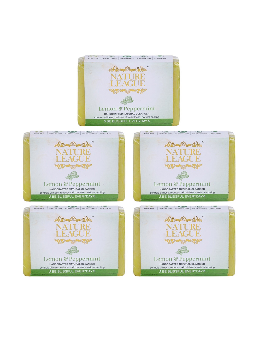 

NATURE LEAGUE Pack of 5 Lemon And Peppermint Natural Handmade Soap, 100 gm each, Lime green