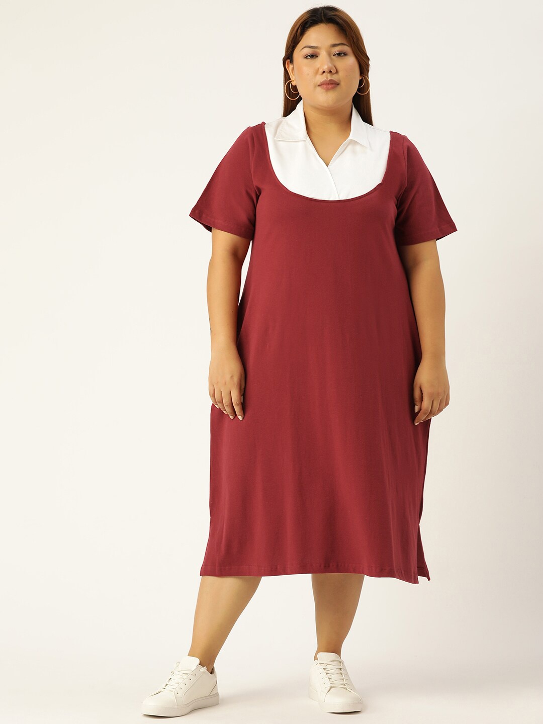 

theRebelinme Women Plus Size Maroon & White A-Line Midi Cotton Dress
