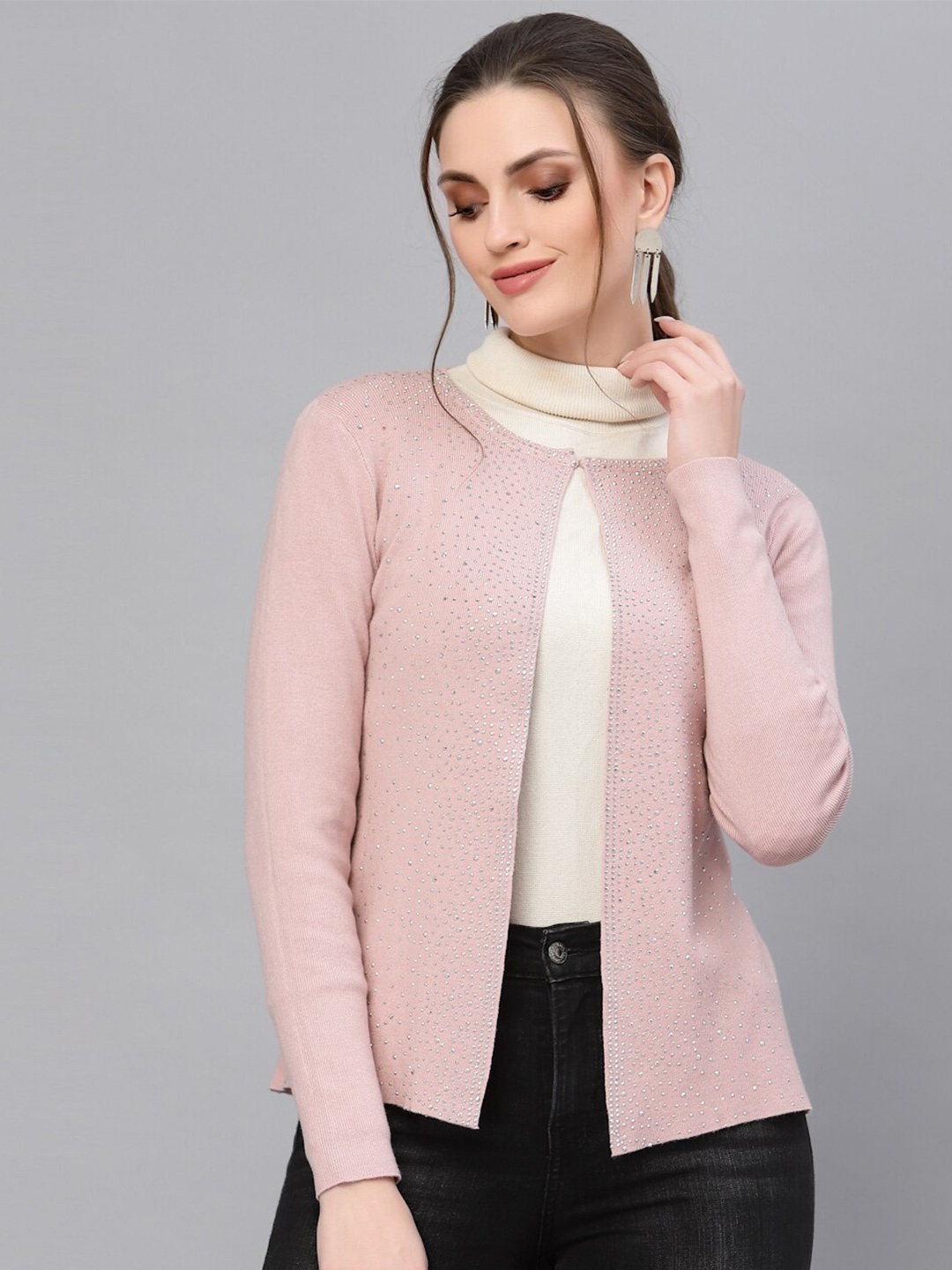 

Mafadeny Women Pink Embellished Shrug