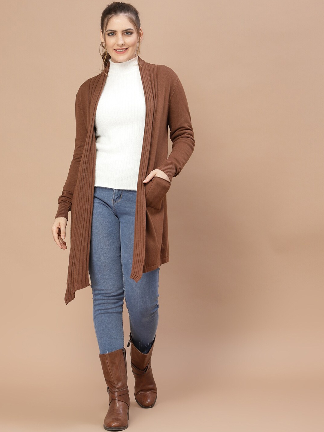 

Mafadeny Women Brown Solid Longline Shrug