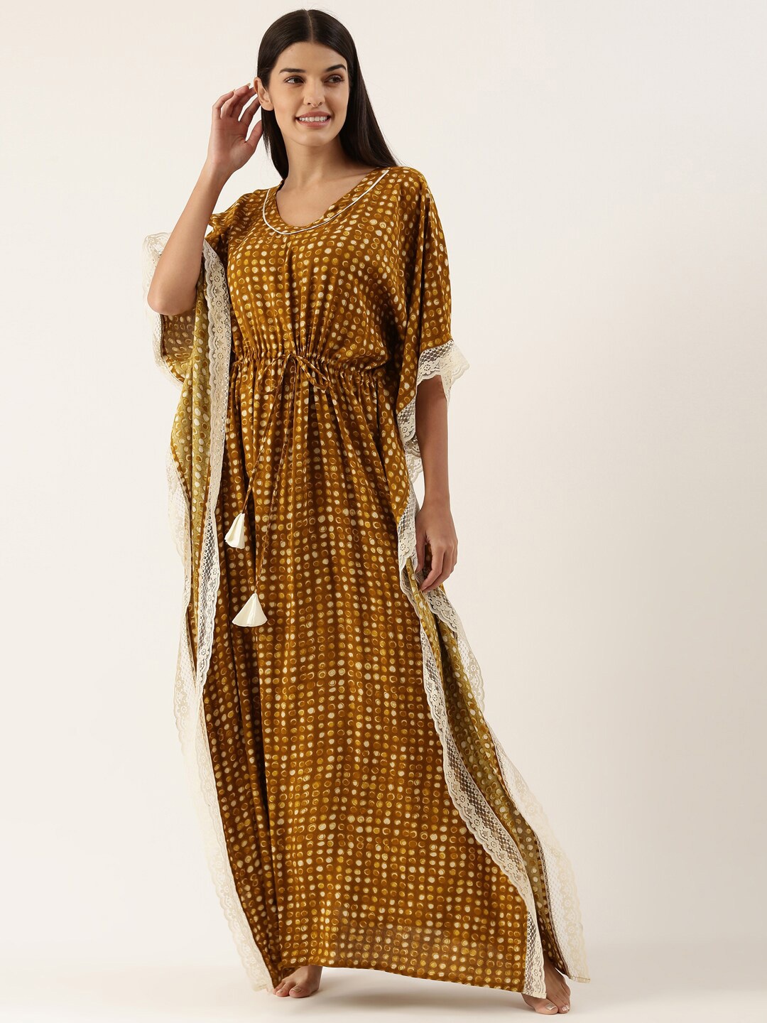 

Bannos Swagger Mustard Printed Maxi kaftan Nightdress