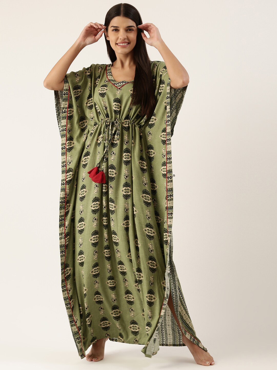 

Bannos Swagger Green Printed Maxi Kaftan Nightdress