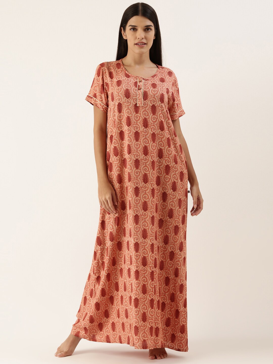 

Bannos Swagger Peach-Coloured Printed Maxi Nightdress