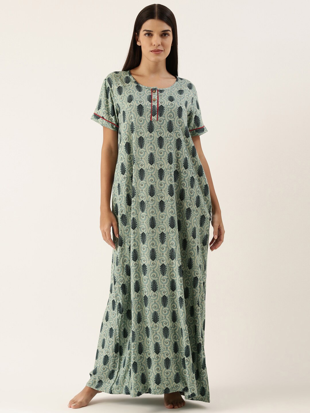 

Bannos Swagger Green Printed Maxi Nightdress