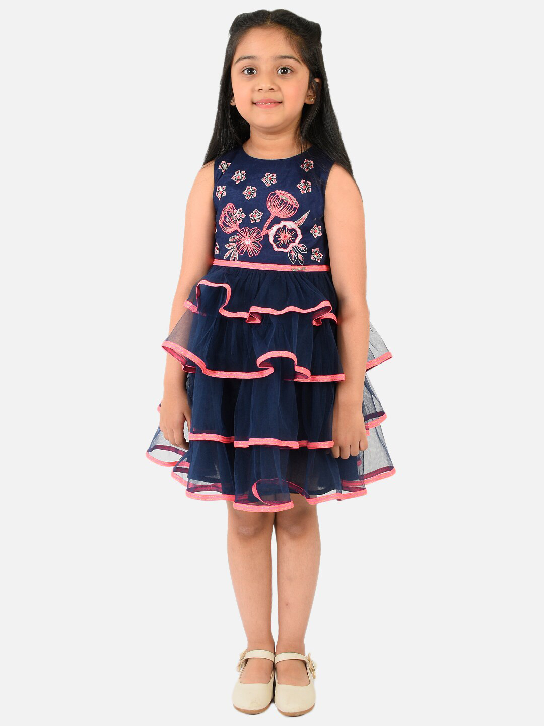 

Nauti Nati Navy Blue & Coral Floral Embellished Net Dress
