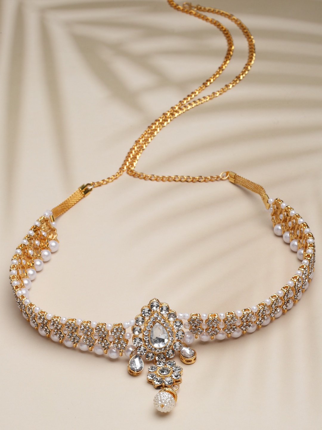 

Sanjog Women Gold-Toned & White CZ Studded & Beaded Traditional Kamarbandh