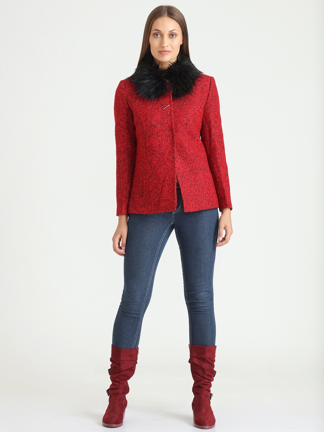 

LURE URBAN Women Red Self Design Woolen Coats