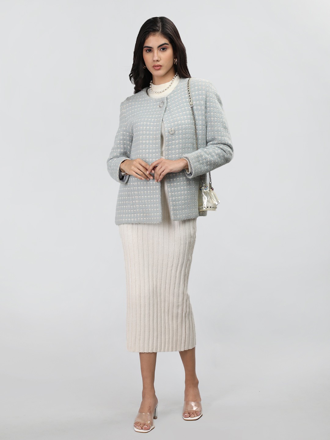 

LURE URBAN Women Blue Printed Winter Overcoat