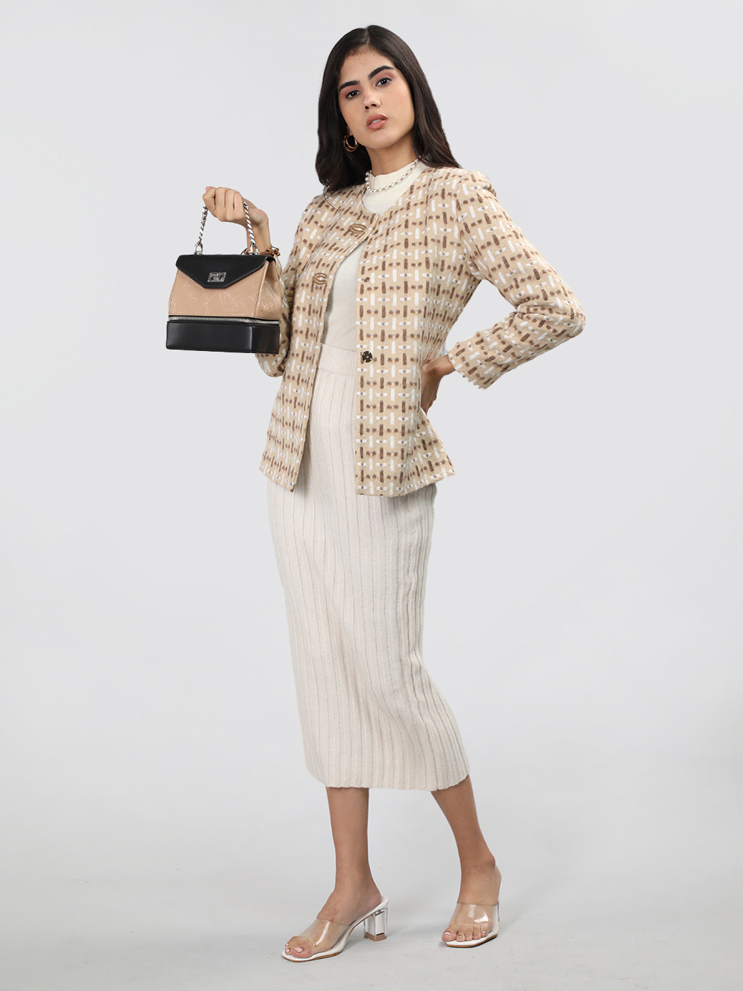 

LURE URBAN Women Beige Colored Self Design Woolen Coat