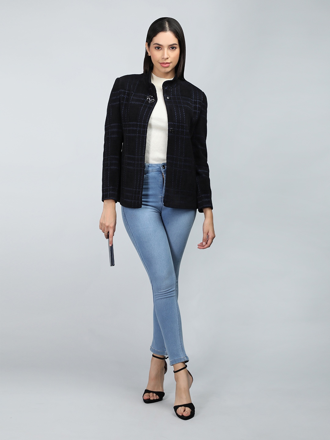 

LURE URBAN Women Black & Blue Checked Winter Pea Coats