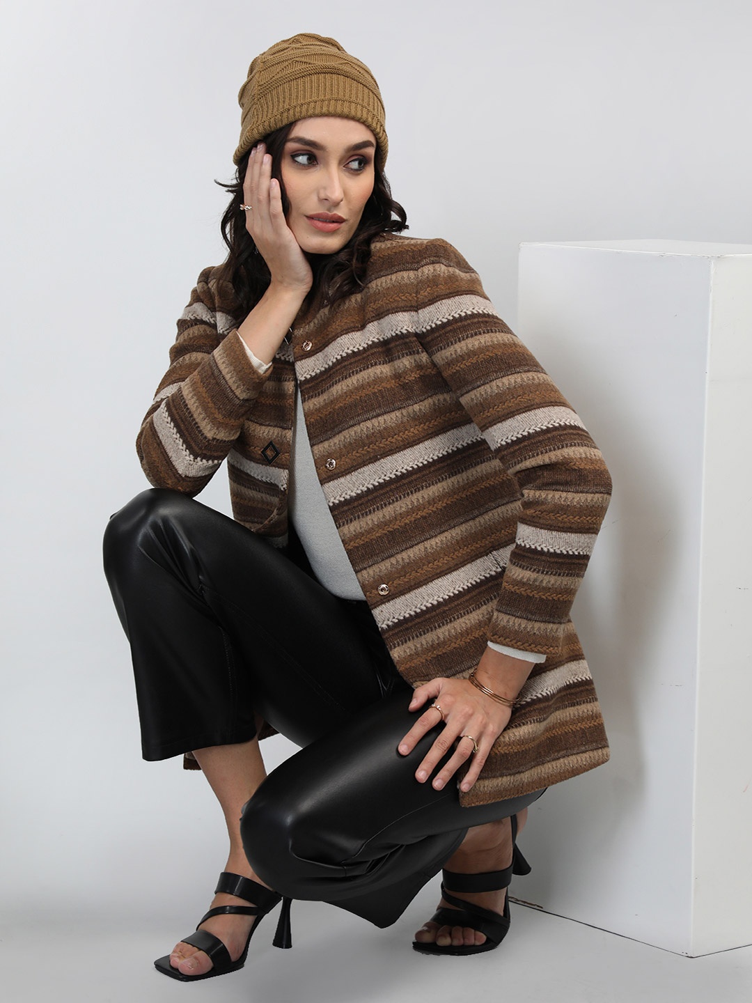 

LURE URBAN Women Brown Striped Winter Overcoat