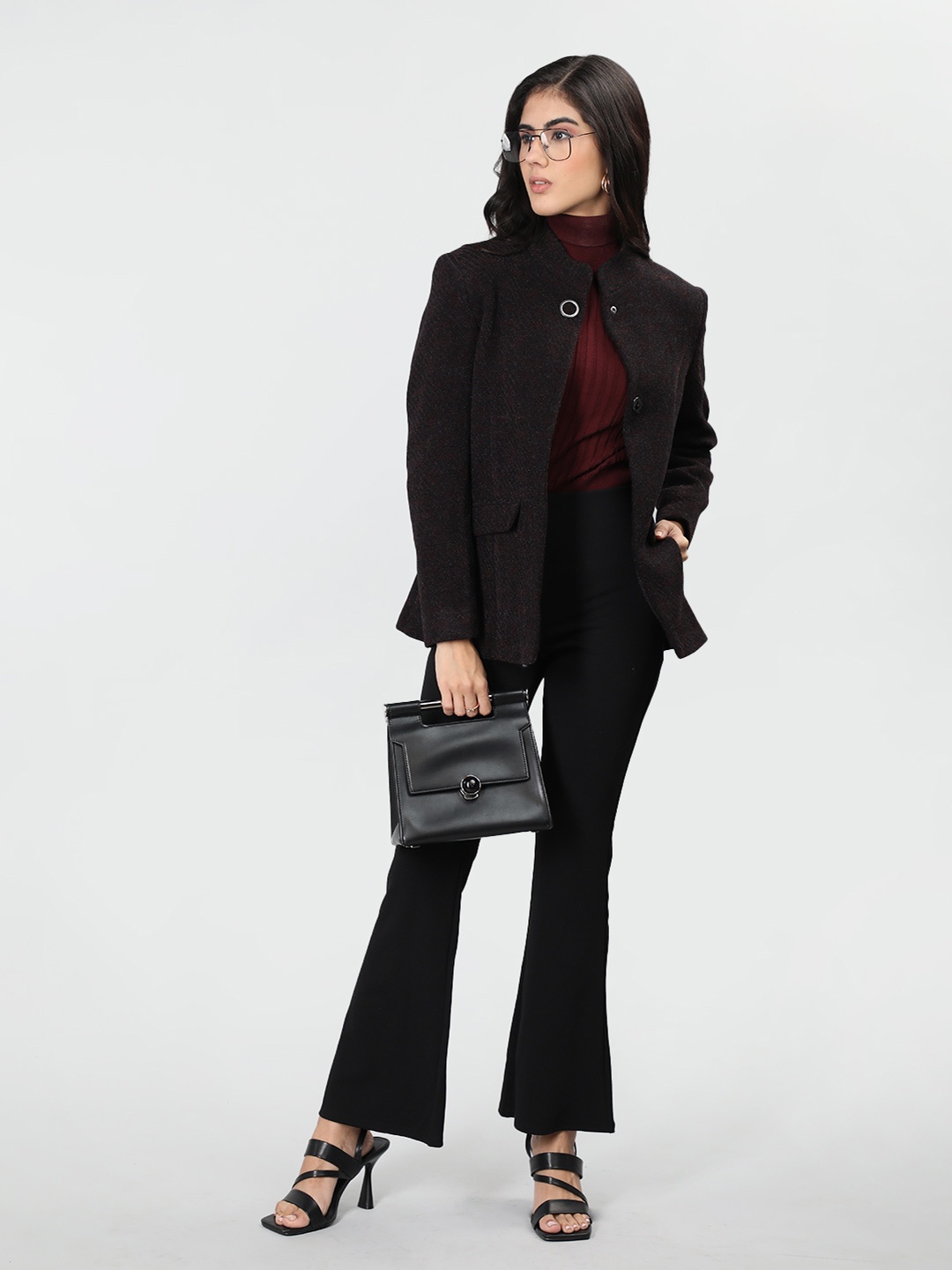 

LURE URBAN Women Maroon Red Self Design Woollen Coat