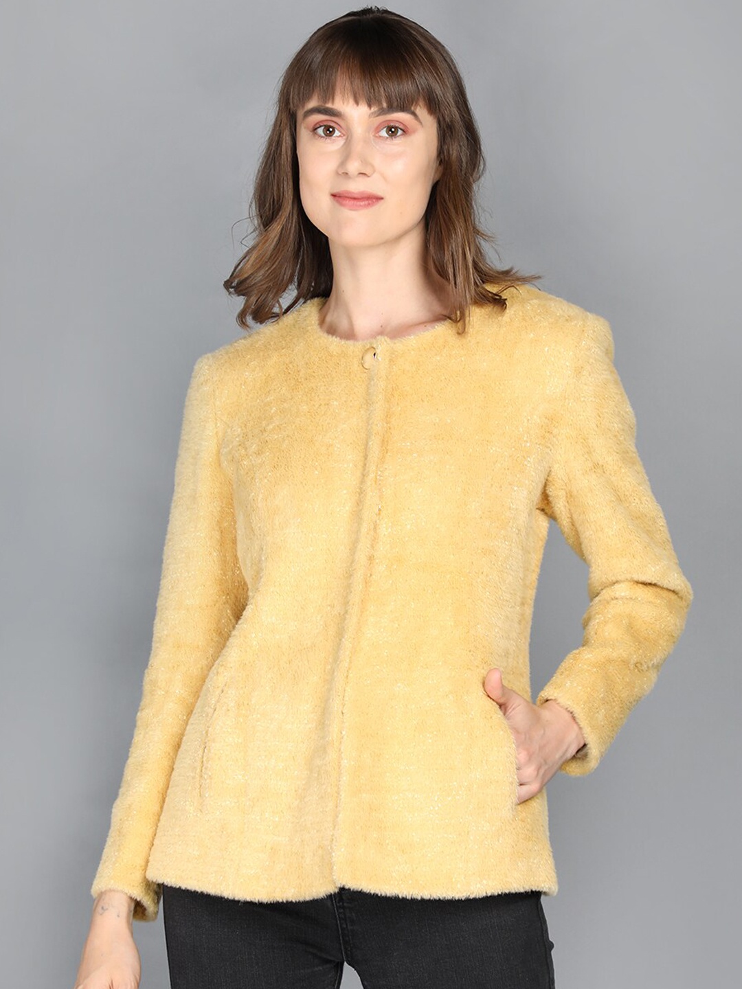 

LURE URBAN Women Mustard Yellow Self Design Woolen Coats