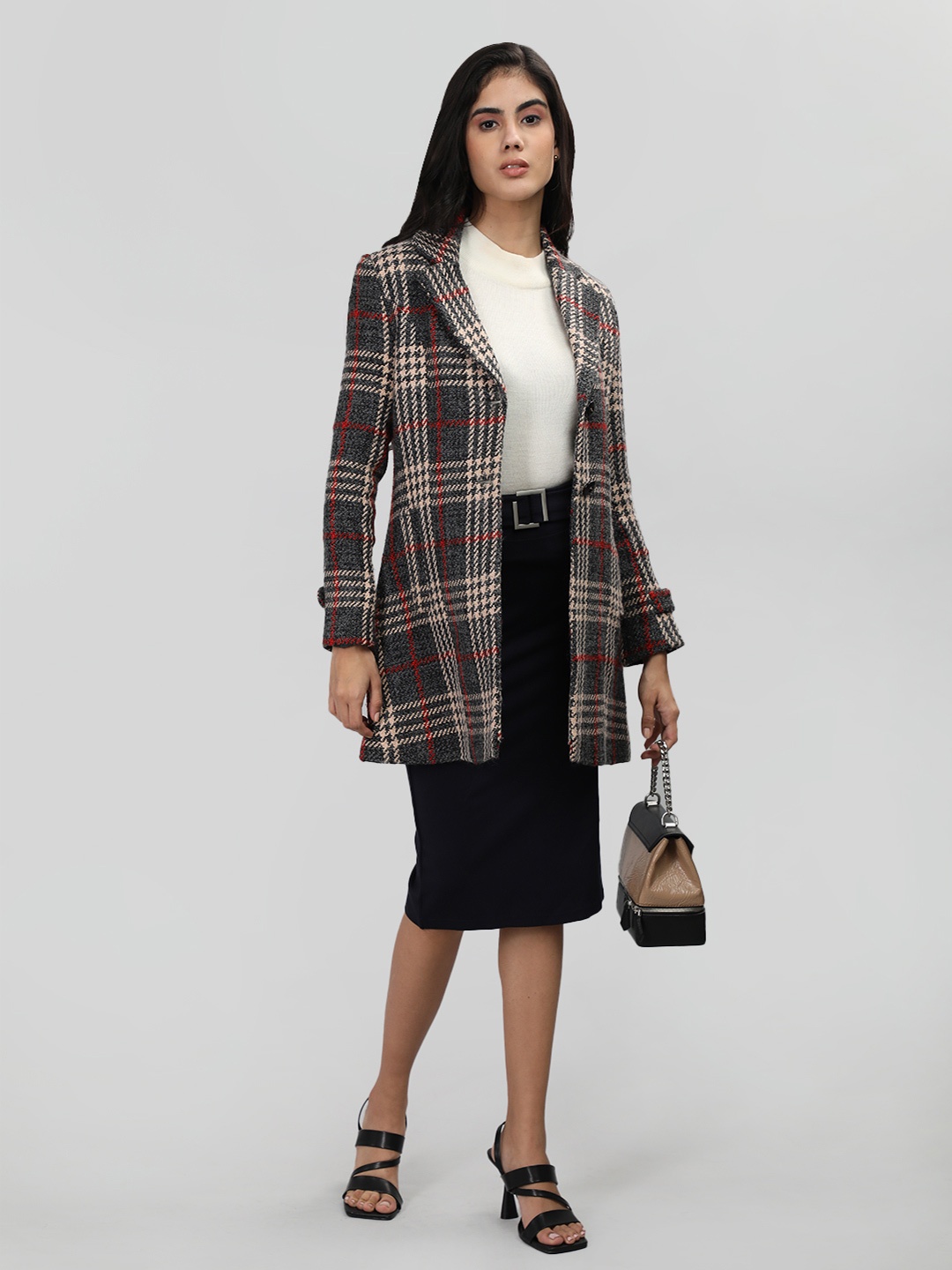 

LURE URBAN Women Grey Checked Regular Fit Coat