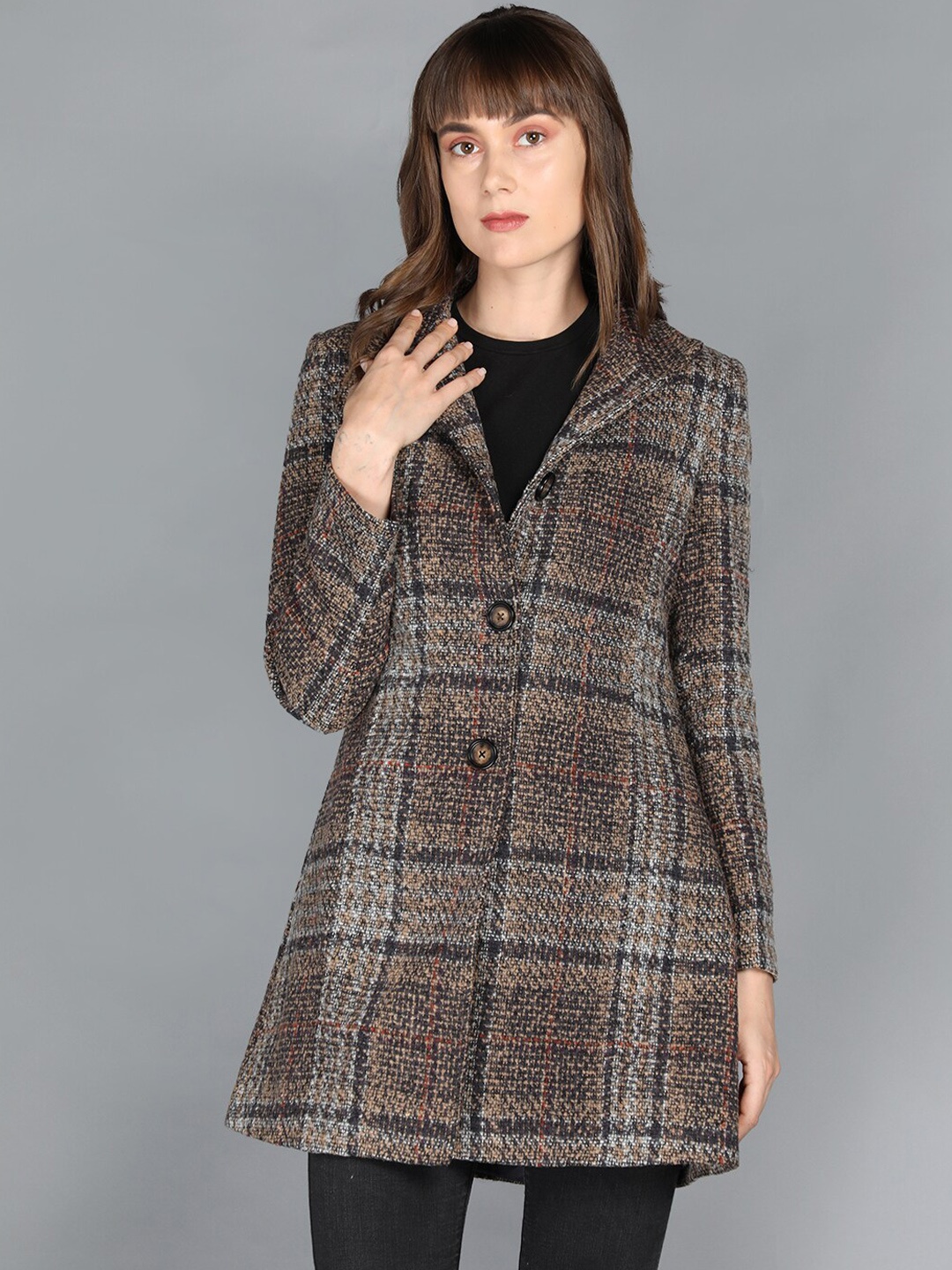 

LURE URBAN Women Brown Checked Winter Wear Stylish OverCoats