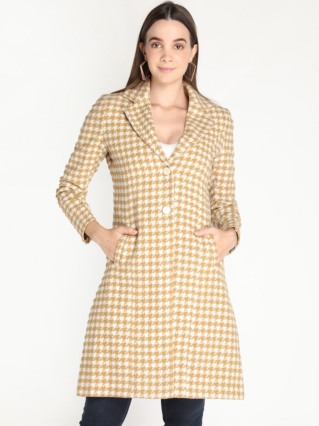 

LURE URBAN Women Brown Checks Winter Wear Stylish Overcoat