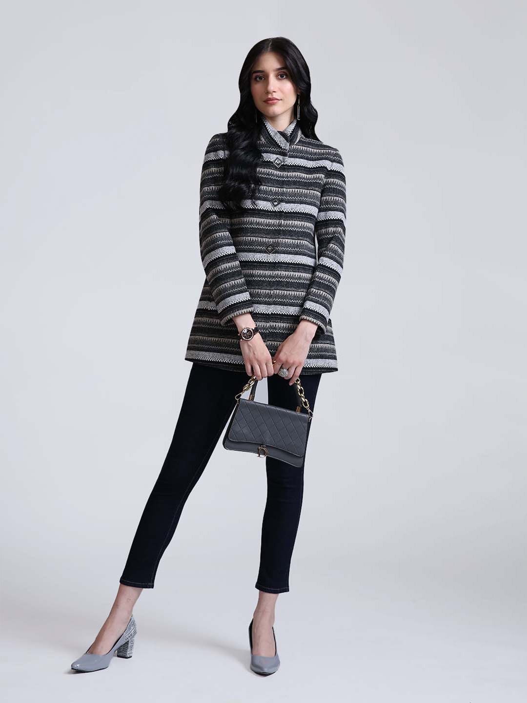 

LURE URBAN Women Charcoal & Grey Striped Woolen Winter Over Coats