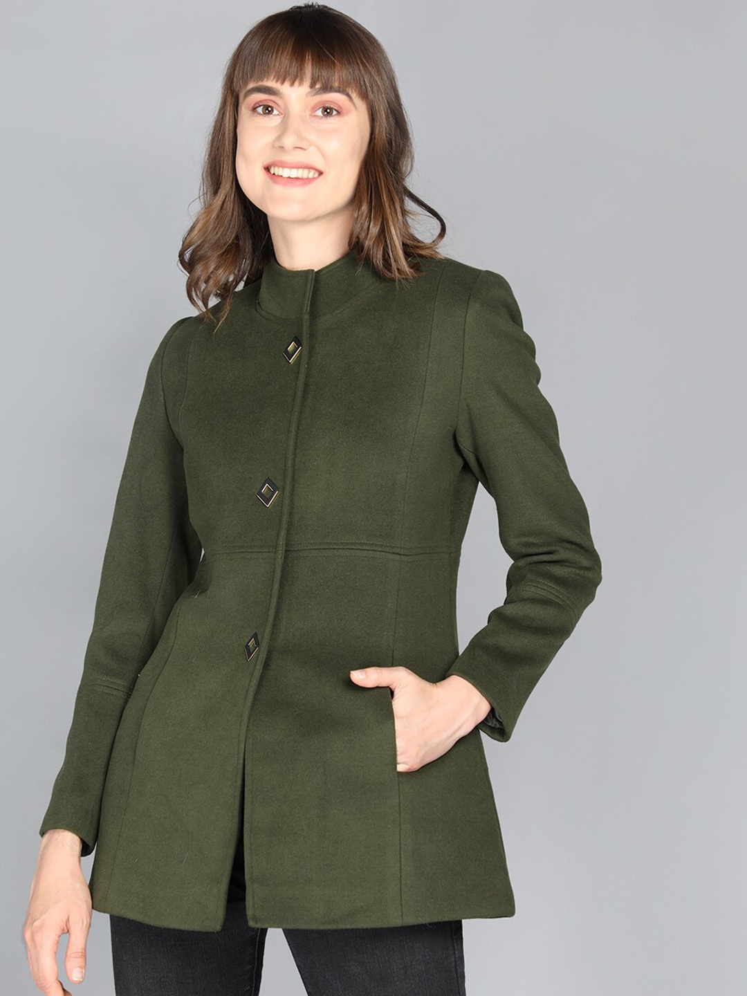 

LURE URBAN Women Olive Green Solid Longline Woolen Coats
