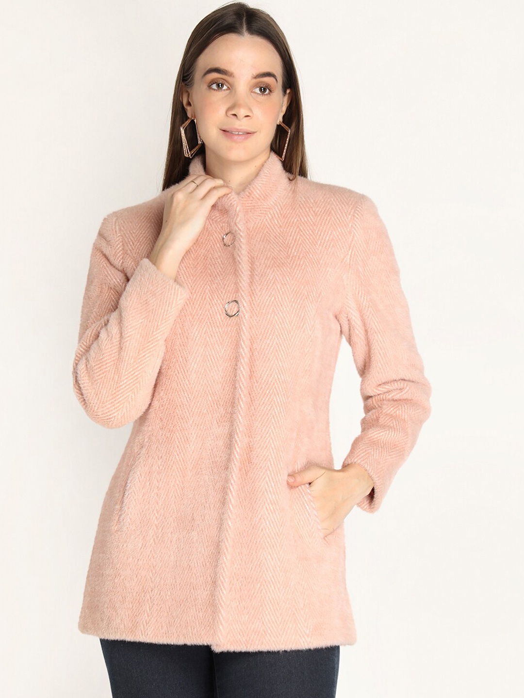 

LURE URBAN Women Pink Solid Woolen Trench Coat