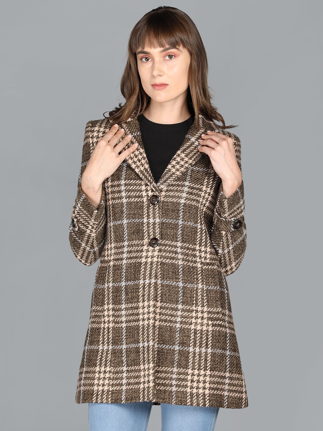 

LURE URBAN Women Olive Checked Winter Trench Coat