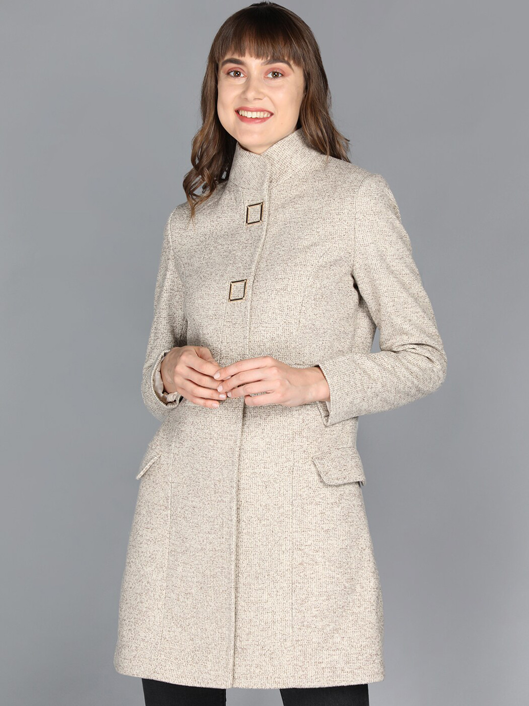 

LURE URBAN Women Beige Solid Woolen Winter Coats