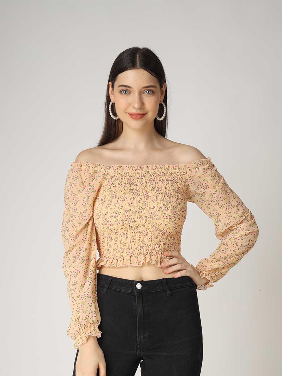 

The Label Bar Women Orange Floral Print Off-Shoulder Georgette Bardot Crop Top