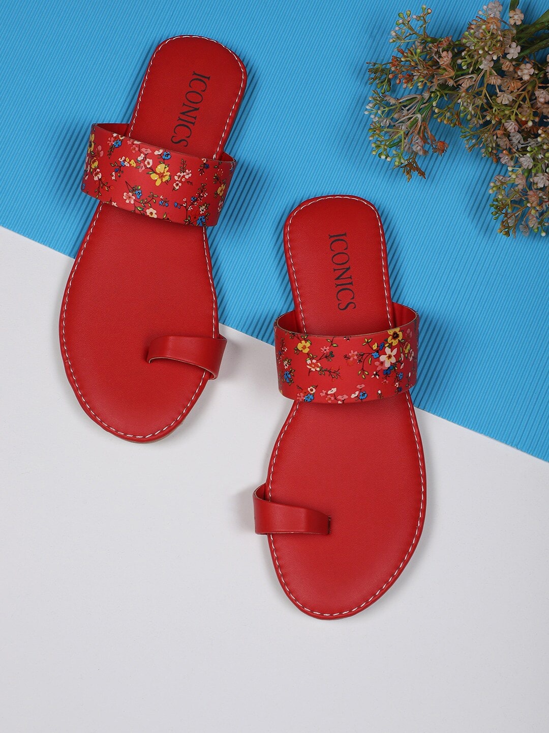 

ICONICS Women Red Printed One Toe Flats with Laser Cuts