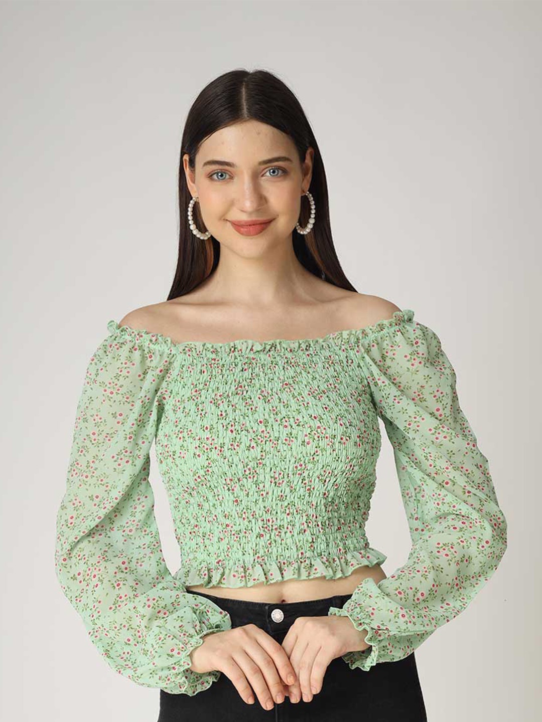 

The Label Bar Women Green Floral Print Off-Shoulder Georgette Bardot Crop Top