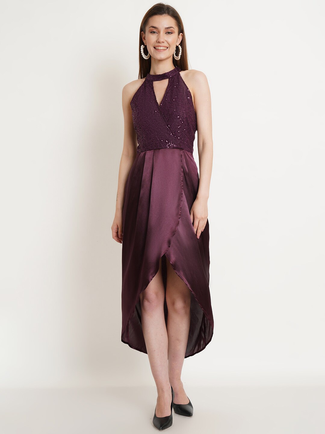 

Purple State Women Burgundy Choker Neck Satin Midi Dress