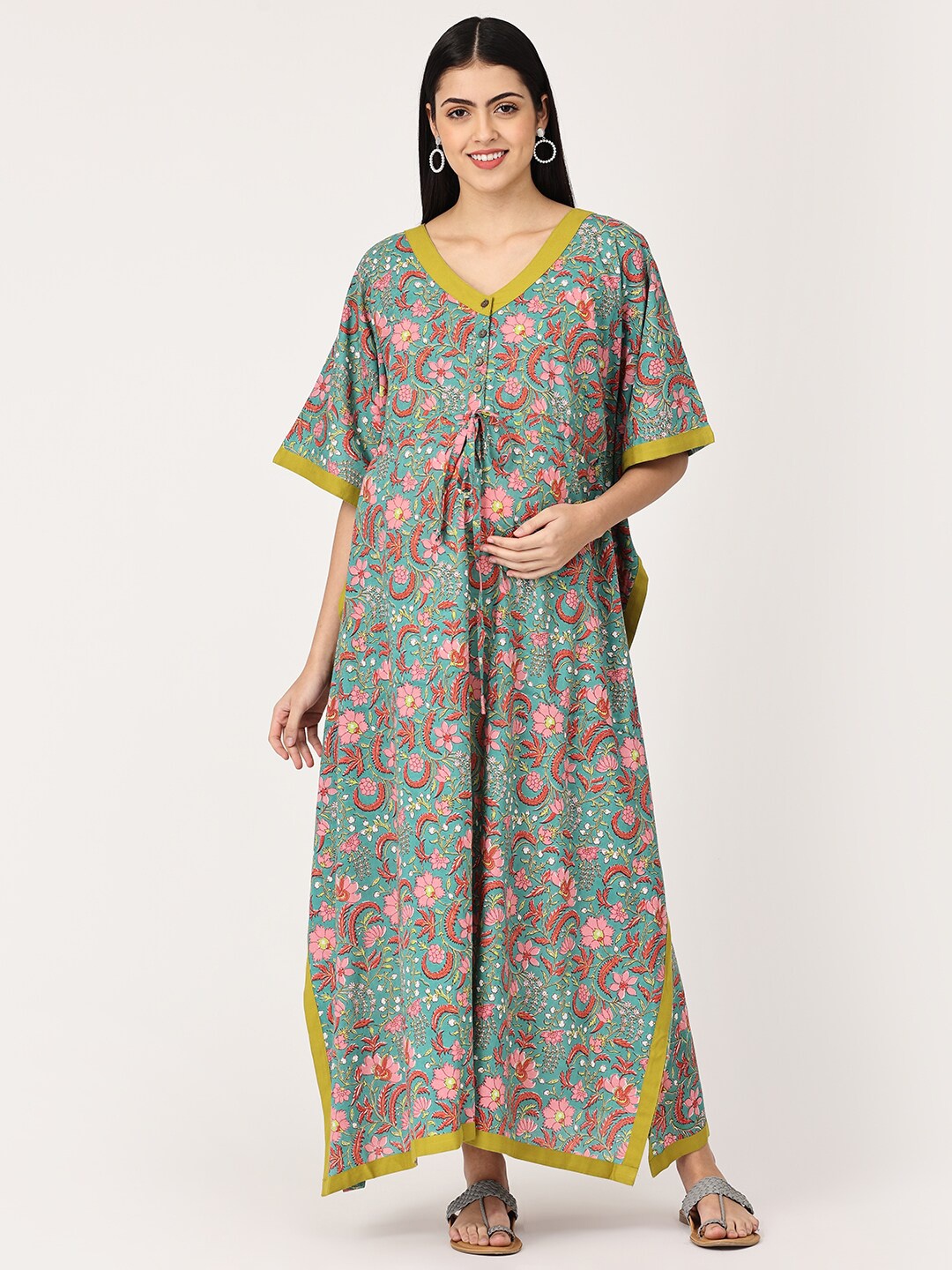 

The Mom Store Sea Green Printed Maternity Maxi Nightdress