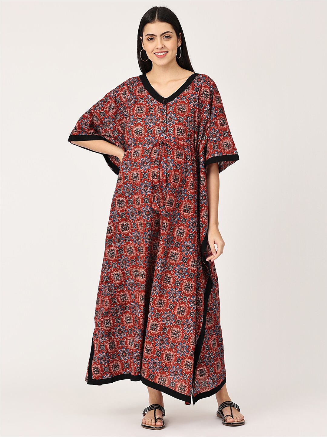 

The Mom Store Maternity Maroon Printed Pure Cotton Nightdress